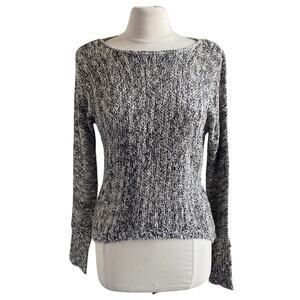 BEBE Knit Sweater Womens Sz Medium Black Cream Sequin Coastal Beach